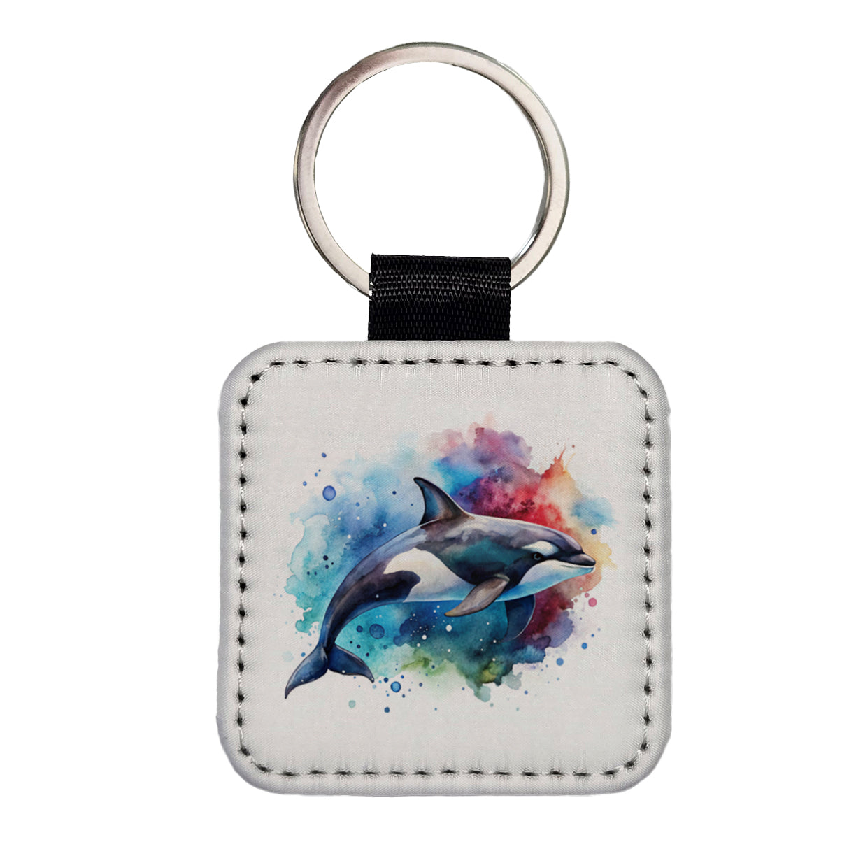 Orca Whale Colorful Watercolor Design Square Faux Leather Keychain