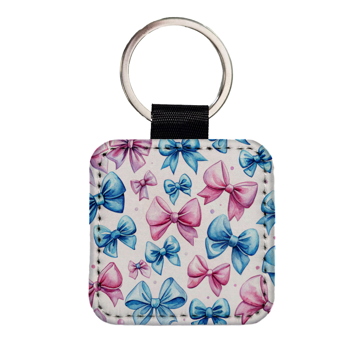 Pink Blue Scattered Coquette Bows Watercolor Square Faux Leather Keychain