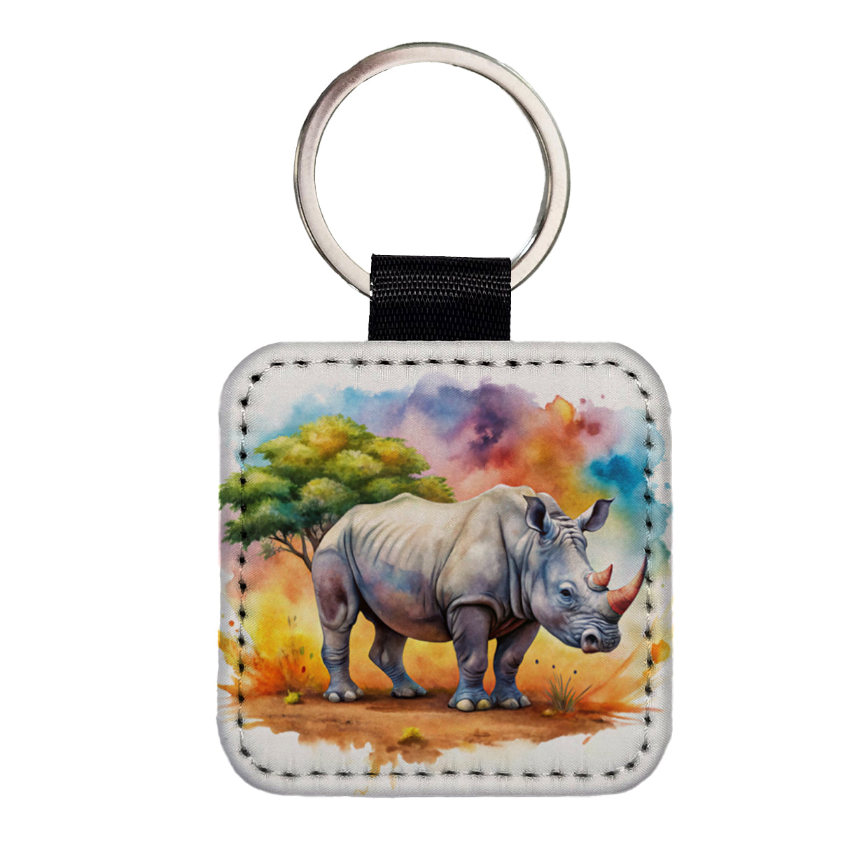 Rhinoceros African Plain Watercolor Design Square Faux Leather Keychain