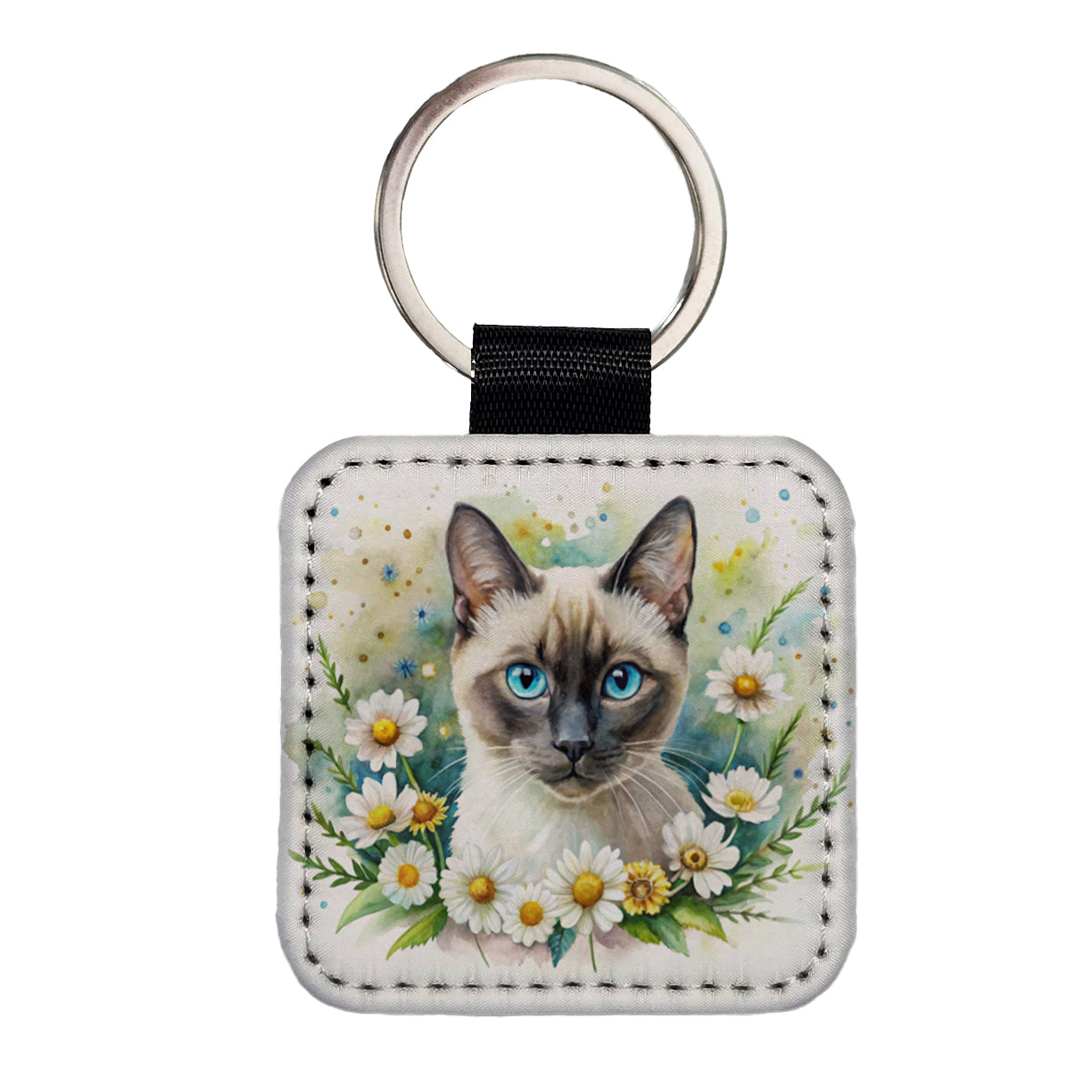 Siamese Cat Watercolor Design With Daisies Square Faux Leather Keychain
