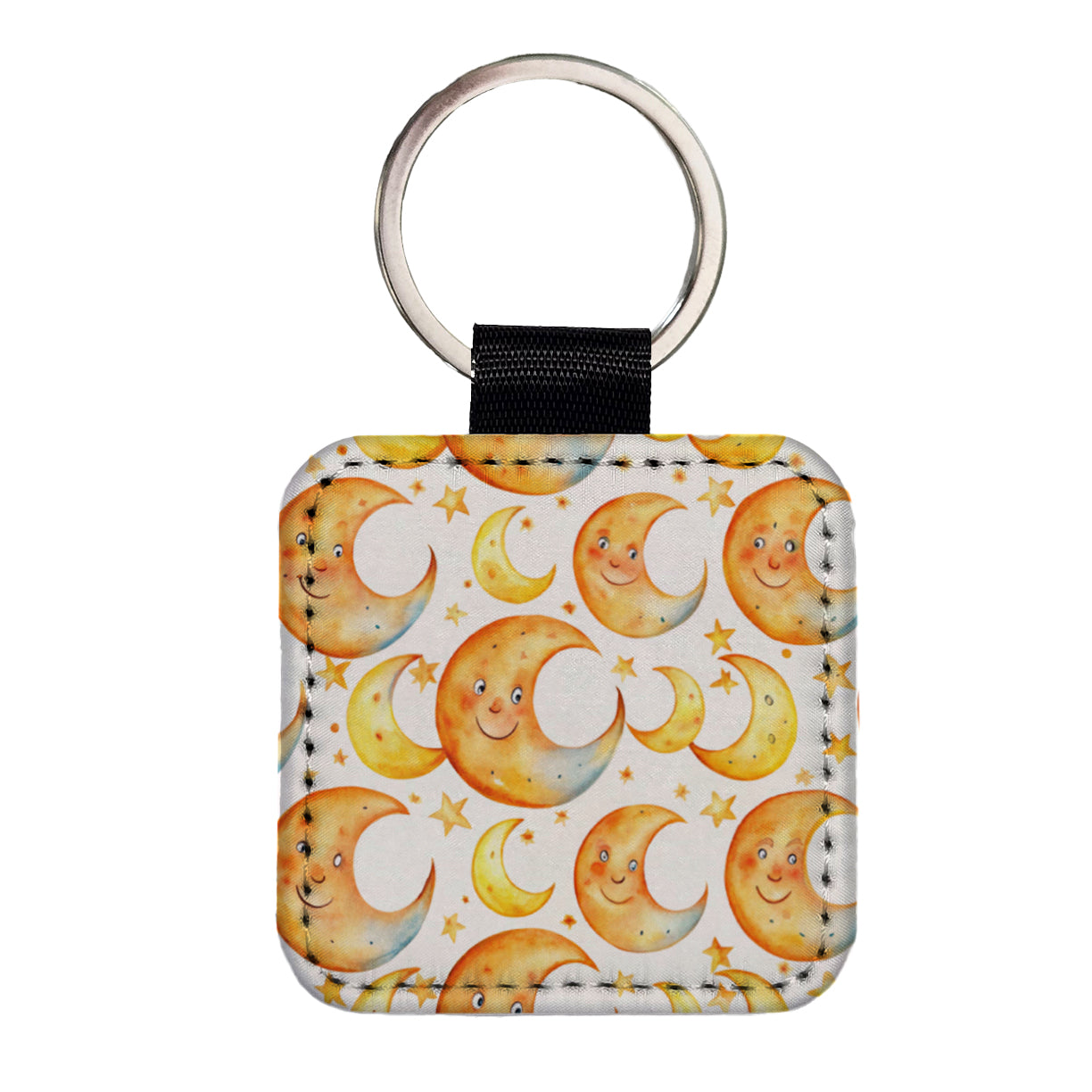 Smiling Crescent Moons Watercolor Square Faux Leather Keychain