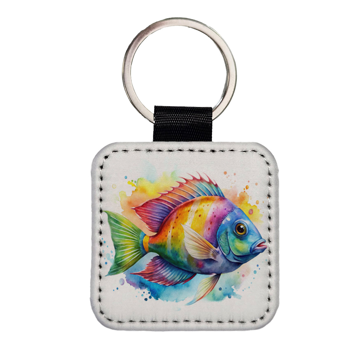Tropical Fish Watercolor Design Square Faux Leather Keychain