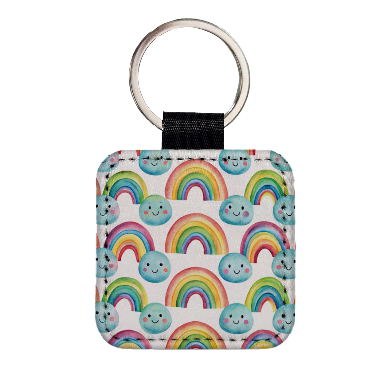 Adorable Smiling Rainbows Clouds Square Faux Leather Keychain