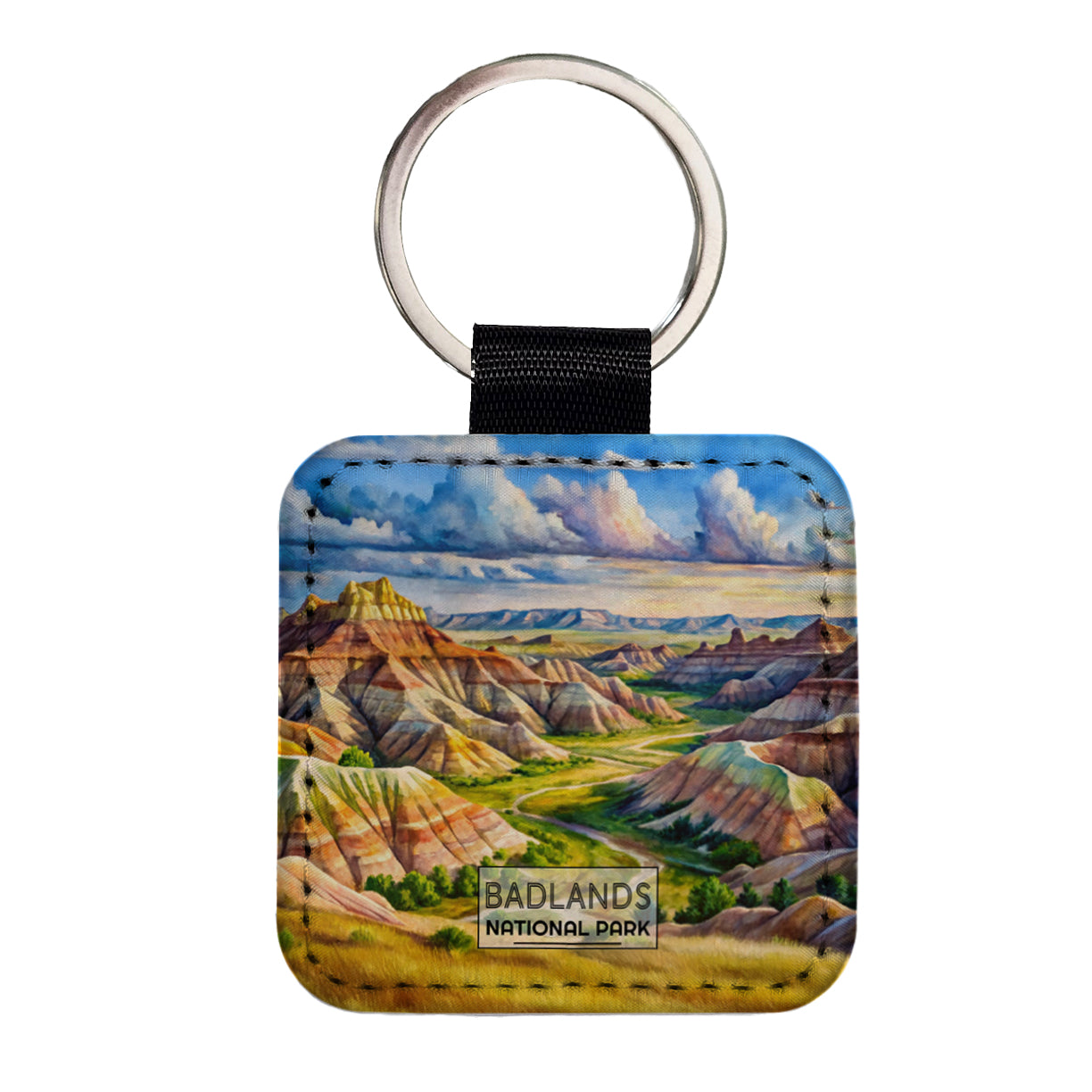 Badlands National Park South Dakota Watercolor Square Faux Leather Keychain