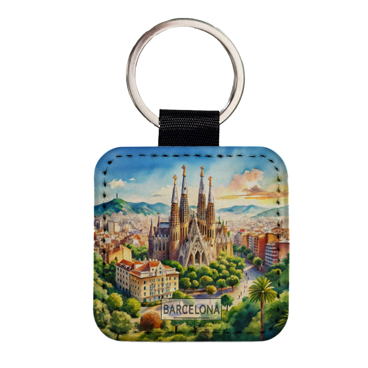 Barcelona Spain Travel City Watercolor Square Faux Leather Keychain