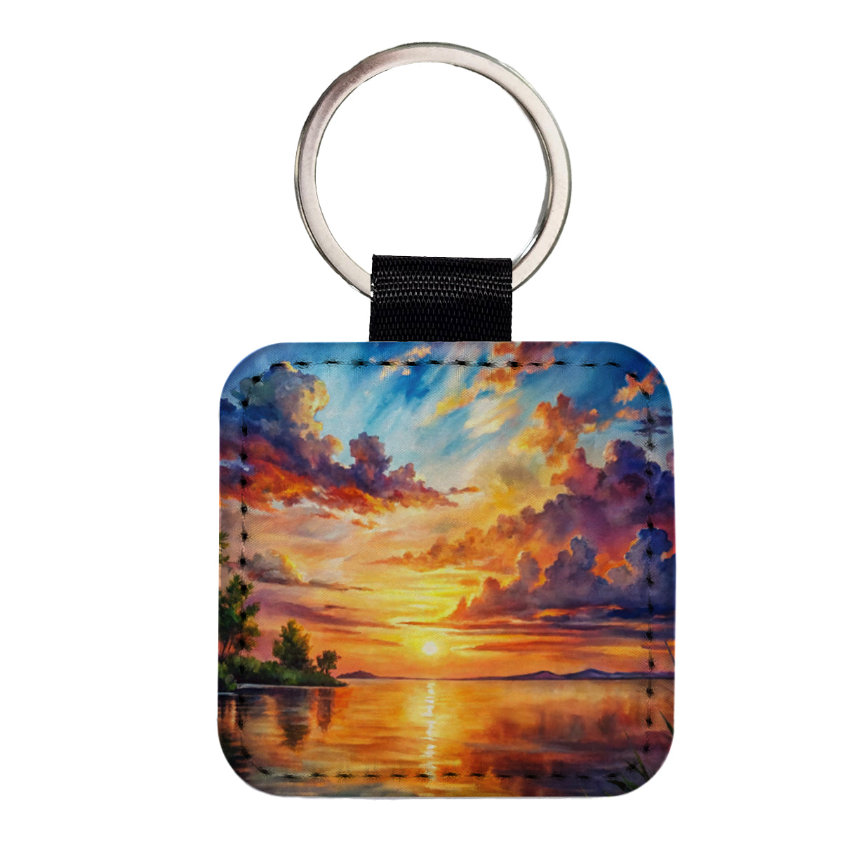 Beautiful Sunset Watercolor Square Faux Leather Keychain