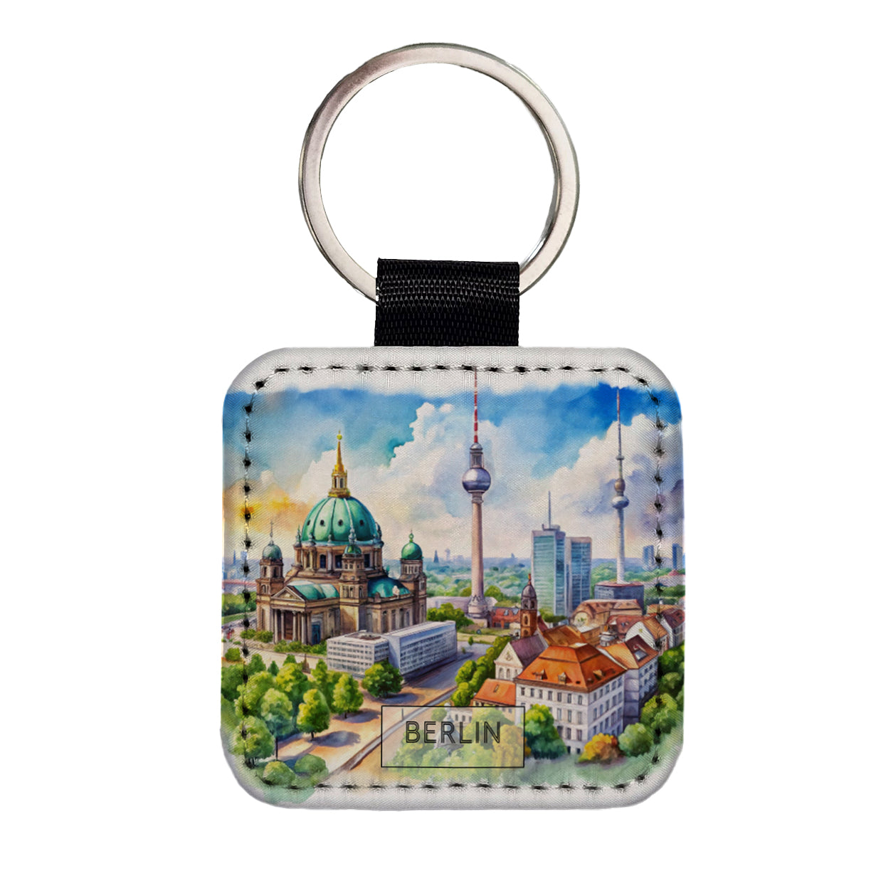 Berlin Germany Travel City Watercolor Square Faux Leather Keychain
