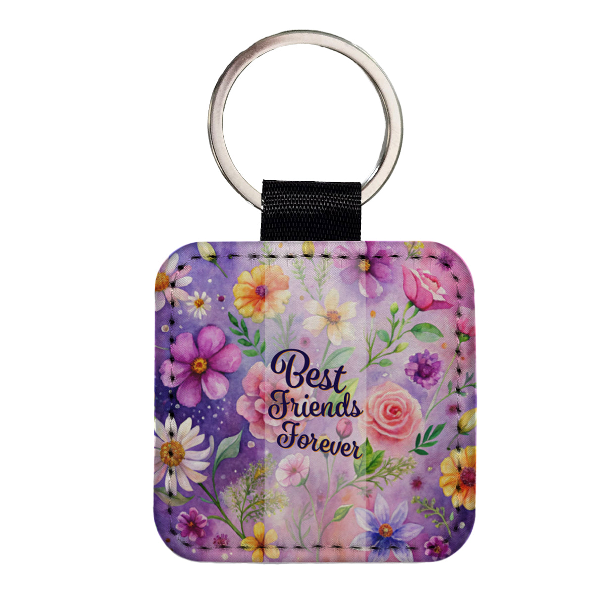 Best Friends Forever Flowers Purple Background Square Faux Leather Keychain