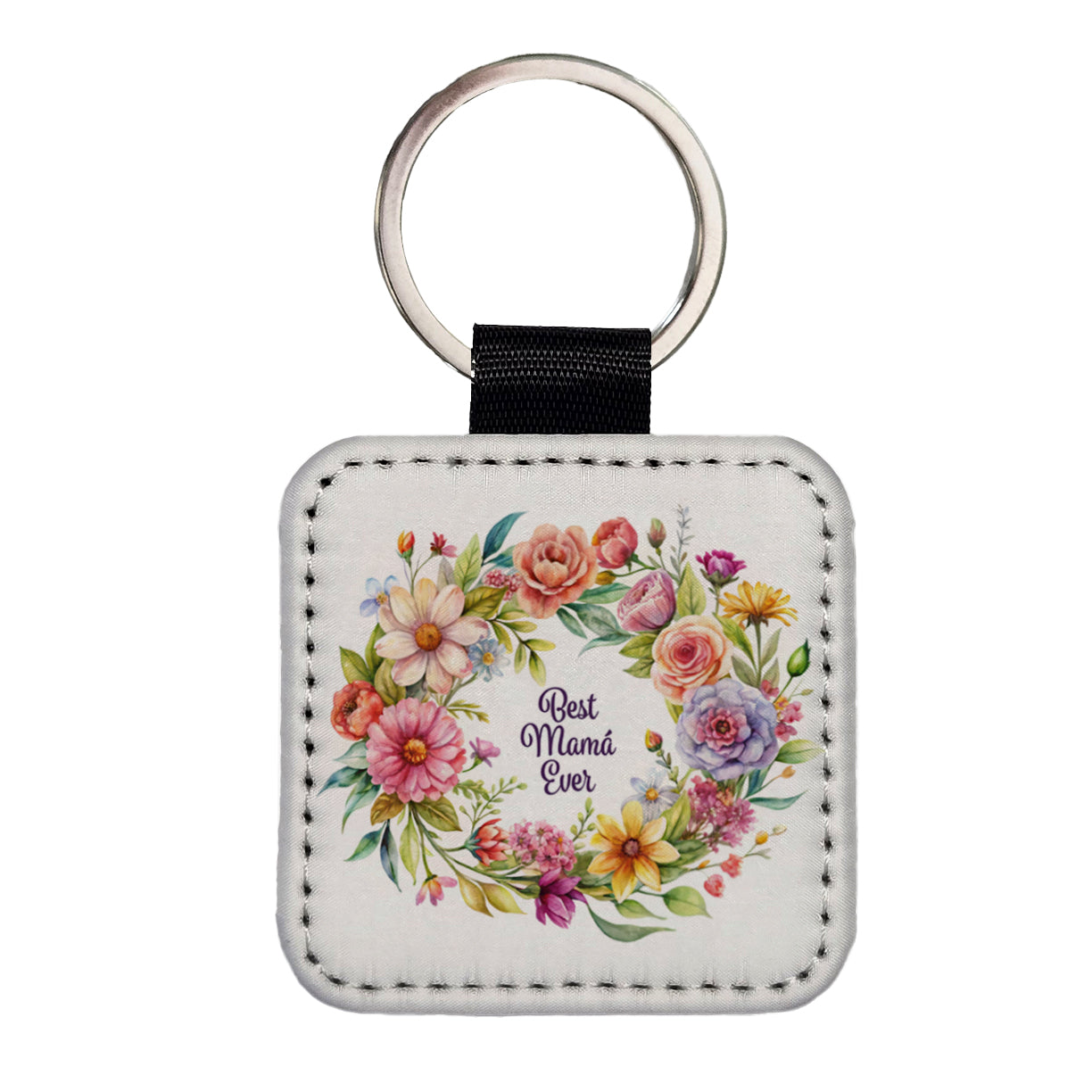 Best Mama Ever Spanish Mom Mother Flowers Square Faux Leather Keychain