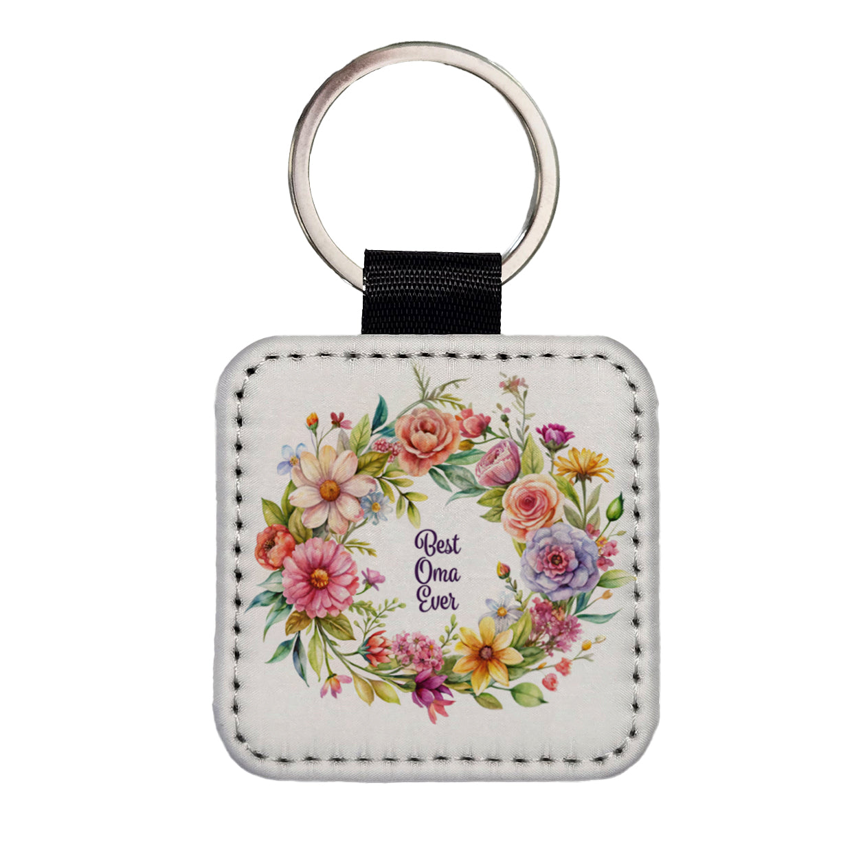 Best Oma German Grandma Ever Flowers Square Faux Leather Keychain