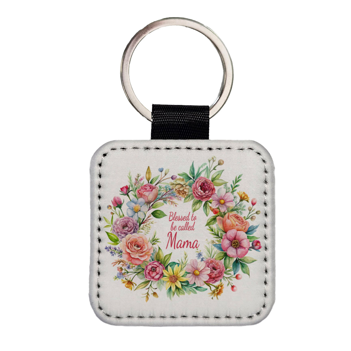 Blessed To Be Called Mama Flowers Floral Square Faux Leather Keychain