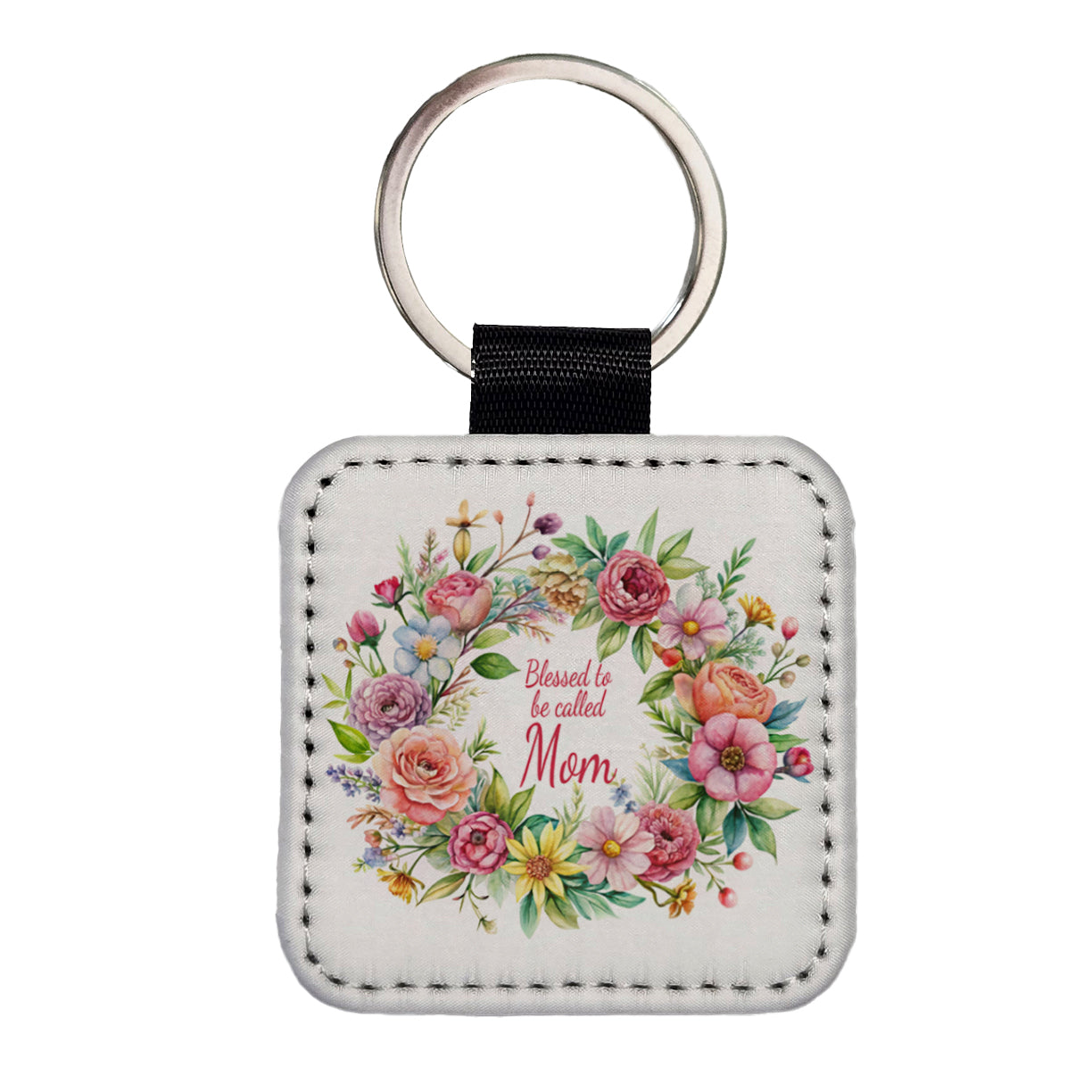 Blessed To Be Called Mom Flowers Floral Square Faux Leather Keychain