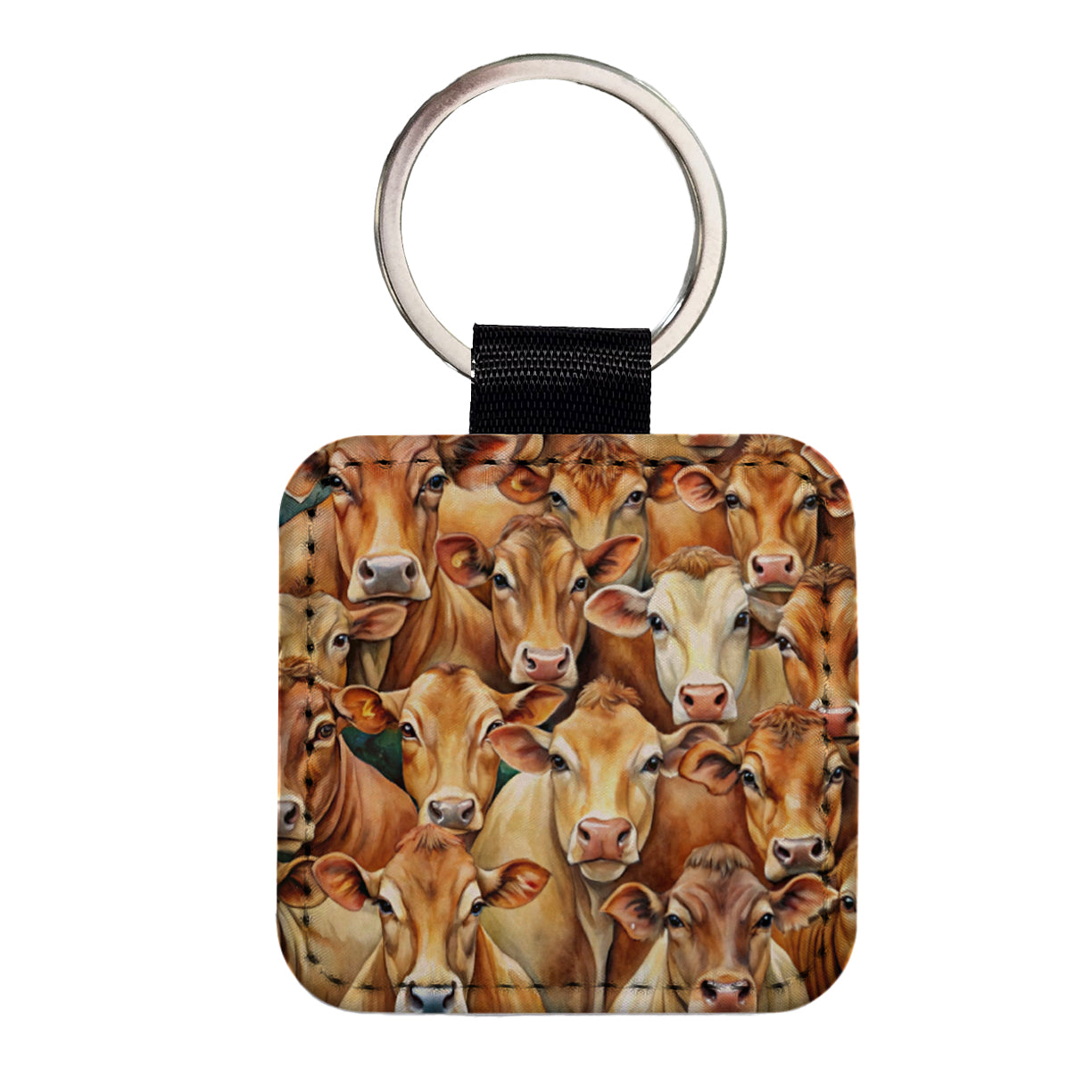 Bunch Of Brown Cow Faces Square Faux Leather Keychain