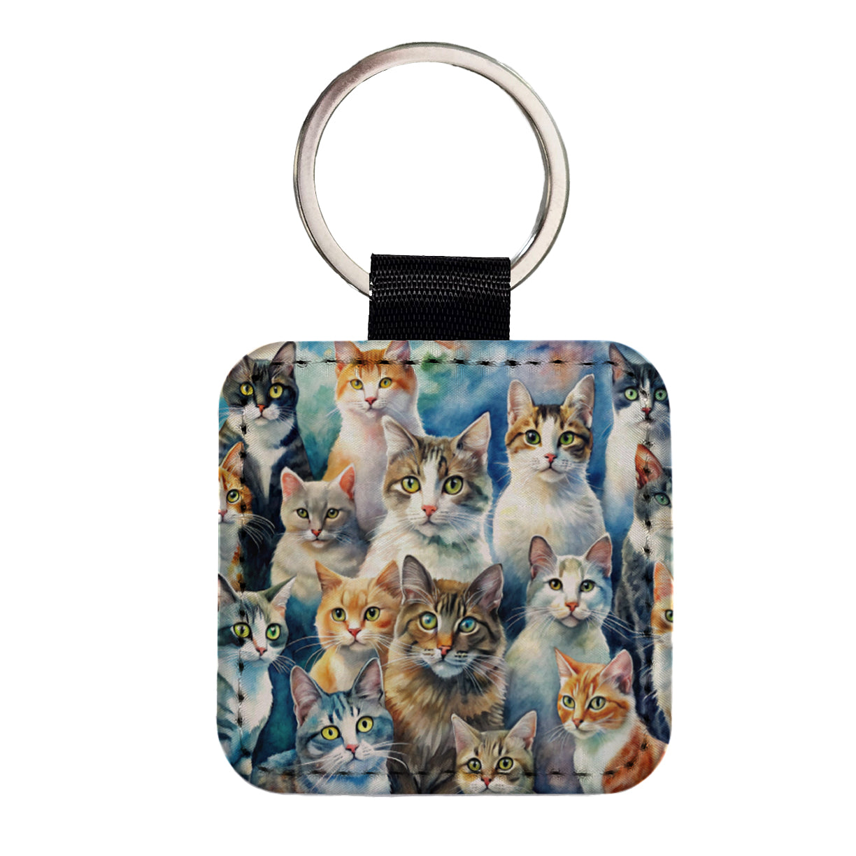 Bunch Of Cats Watercolor Square Faux Leather Keychain