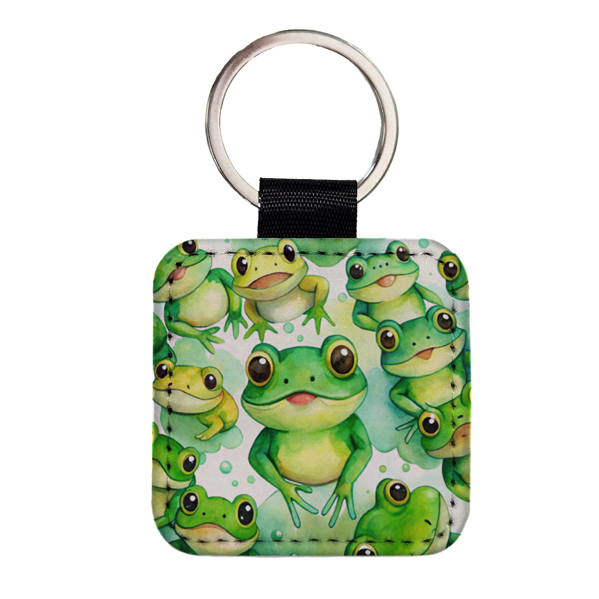Bunch Of Cute Green Frogs Watercolor Square Faux Leather Keychain