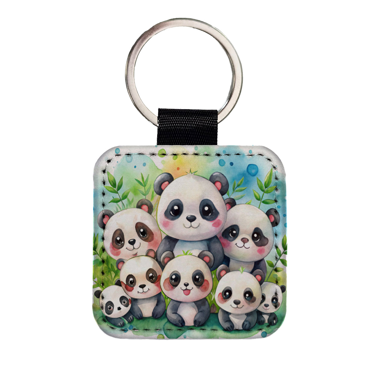 Bunch Of Cute Pandas Watercolor Square Faux Leather Keychain