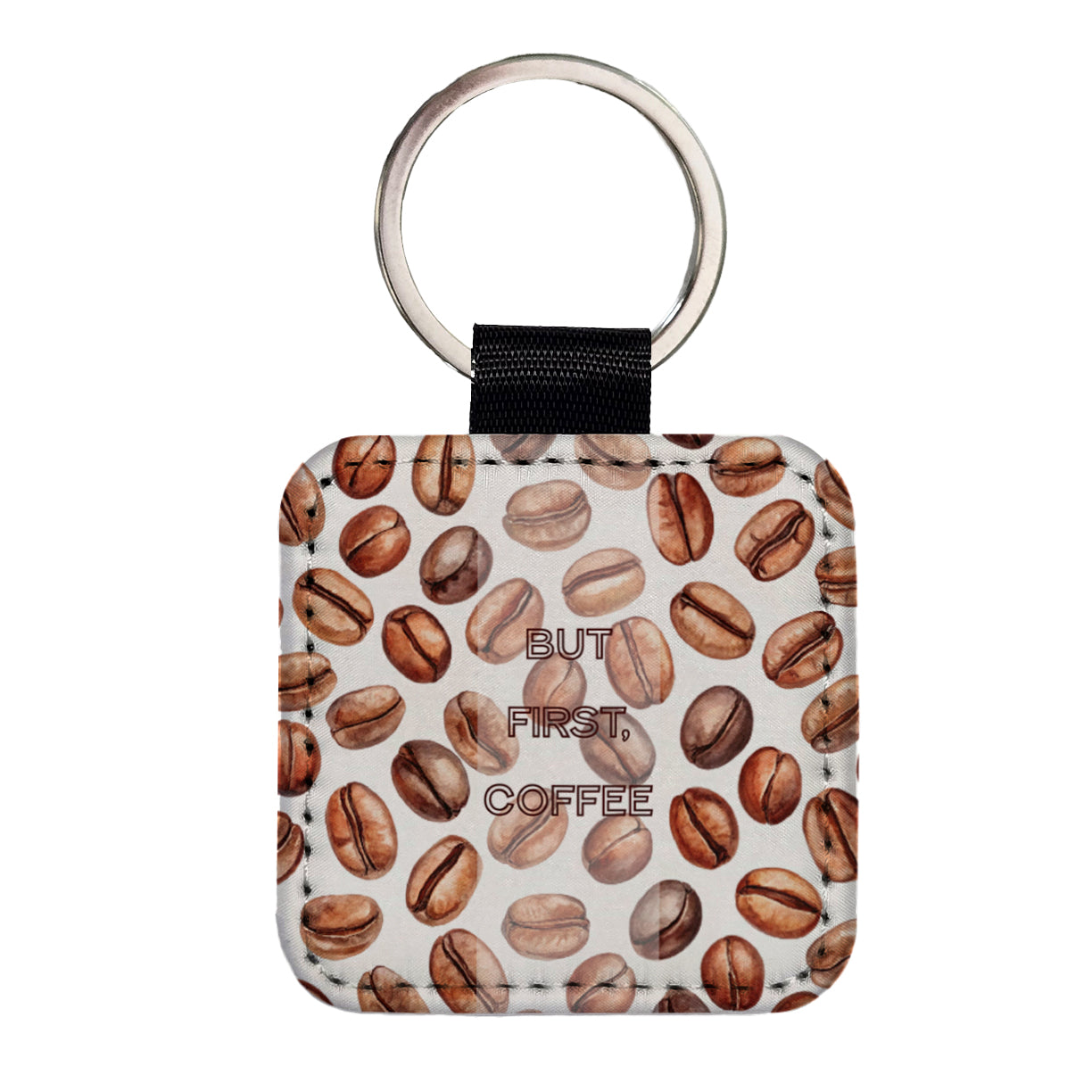 But First Coffee Beans Scattered Square Faux Leather Keychain