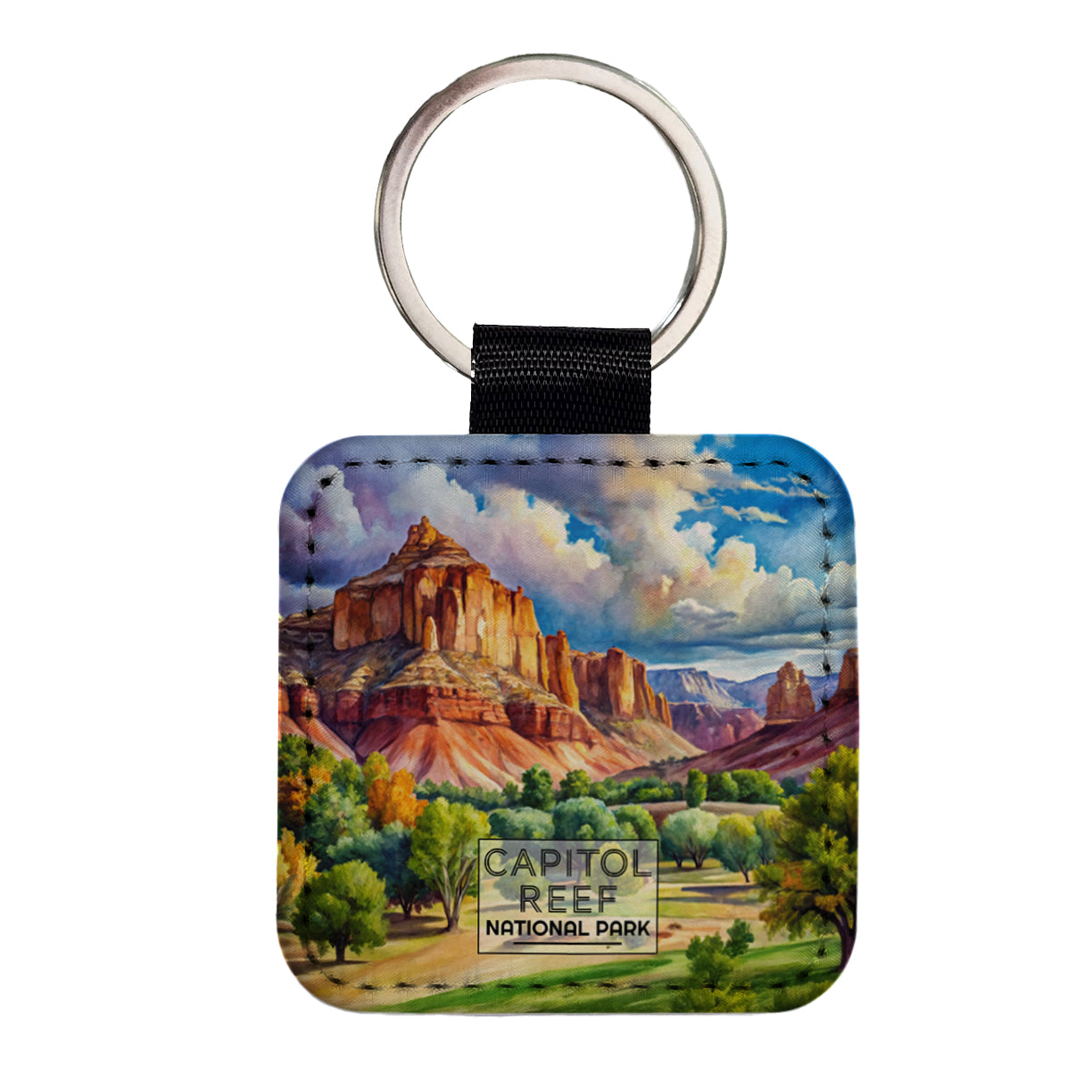 Capitol Reef National Park Utah Watercolor Square Faux Leather Keychain