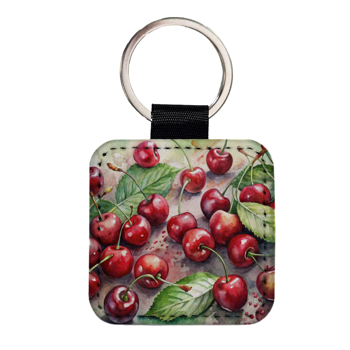 Cherries Fruit Watercolor Square Faux Leather Keychain