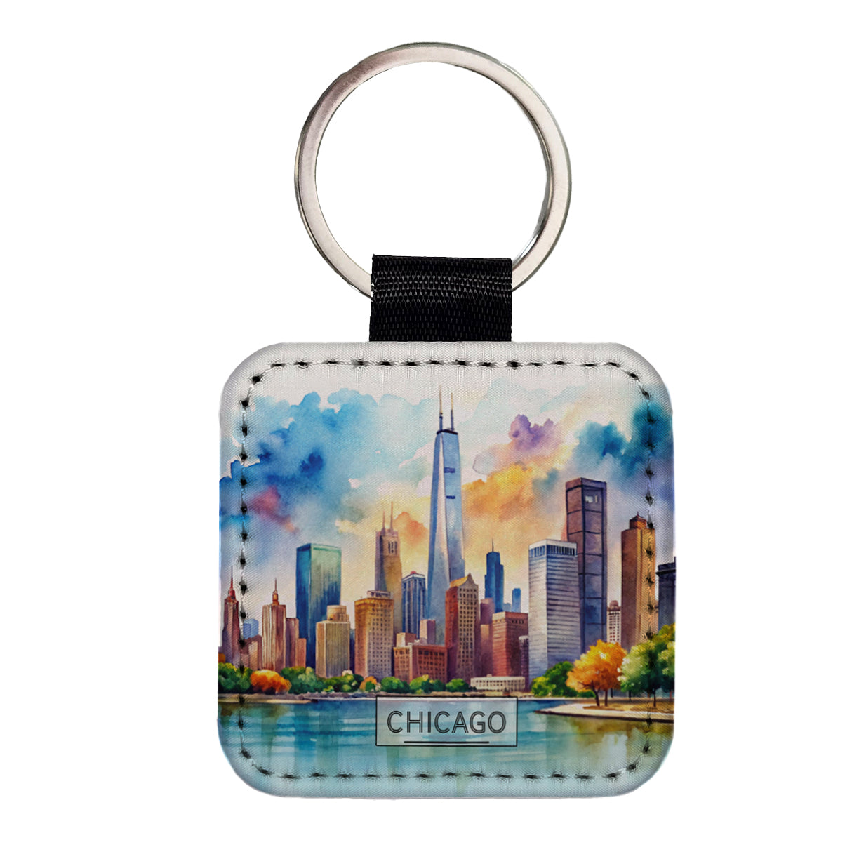 Chicago Illinois Travel City Watercolor Square Faux Leather Keychain