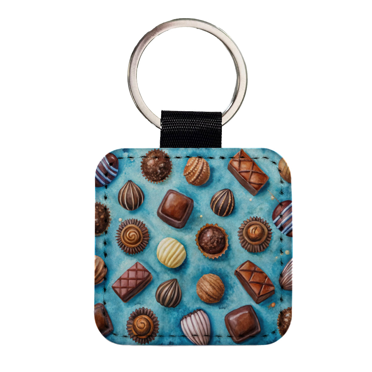 Chocolates Candy Blue Background Watercolor Square Faux Leather Keychain
