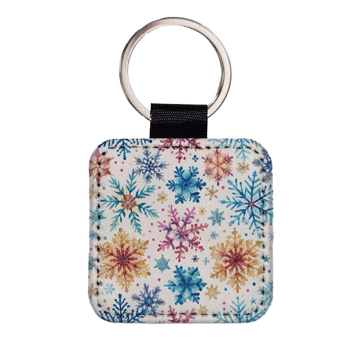 Colorful Snowflakes Winter Square Faux Leather Keychain