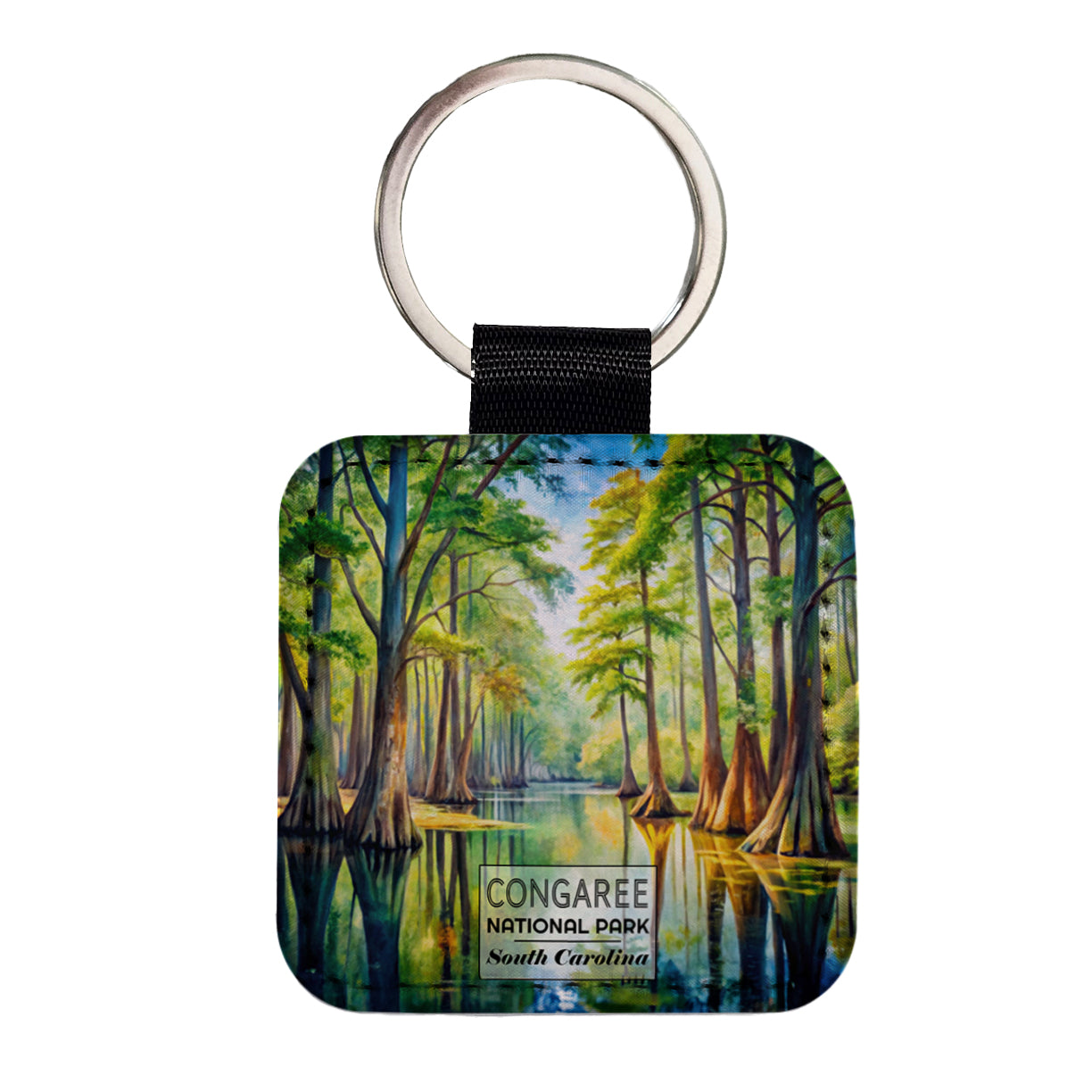 Congaree National Park South Carolina Watercolor Square Faux Leather Keychain