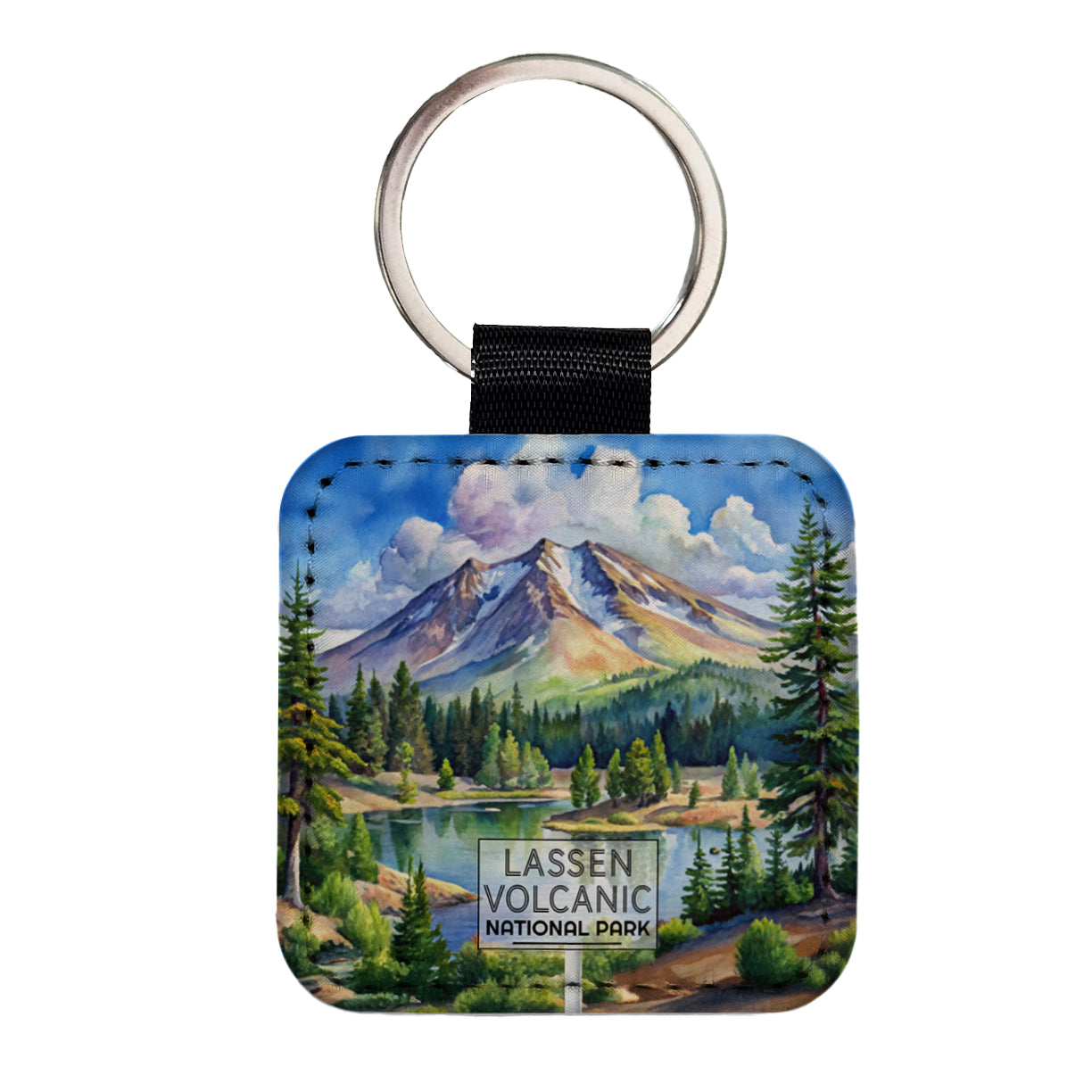 Lassen Volcanic National Park California Watercolor Square Faux Leather Keychain