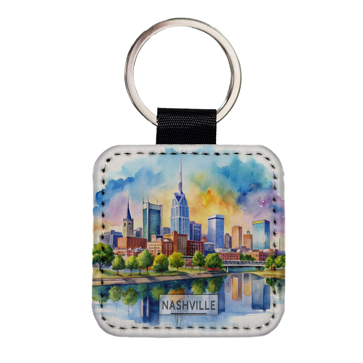 Nashville Tennessee Travel City Watercolor Square Faux Leather Keychain