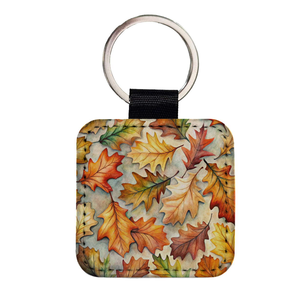 Oak Leaves Watercolor Square Faux Leather Keychain
