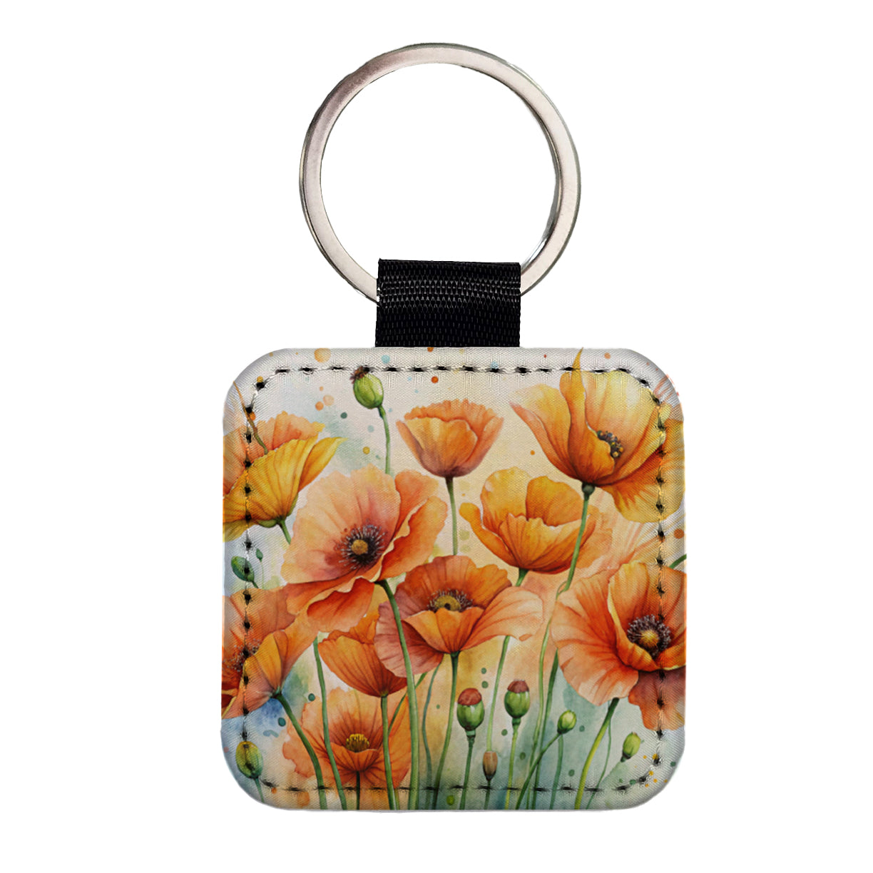 Orange Poppies Flowers Watercolor Square Faux Leather Keychain