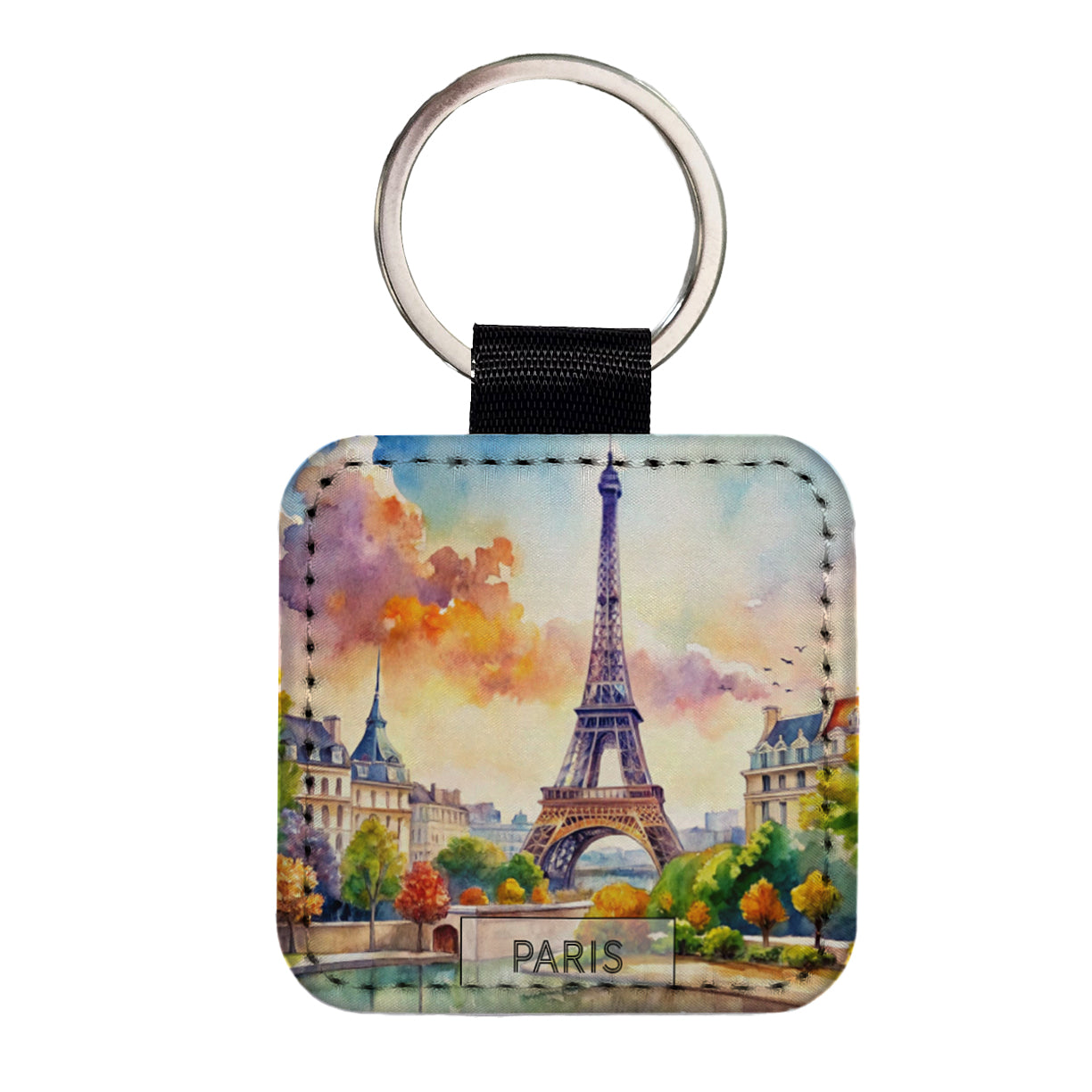 Paris France Eiffel Tower Travel City Watercolor Square Faux Leather Keychain