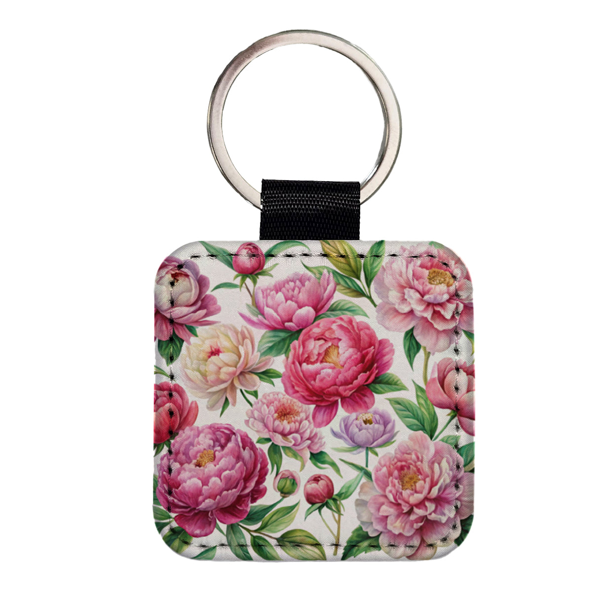 Peonies Pink Flowers Watercolor Square Faux Leather Keychain