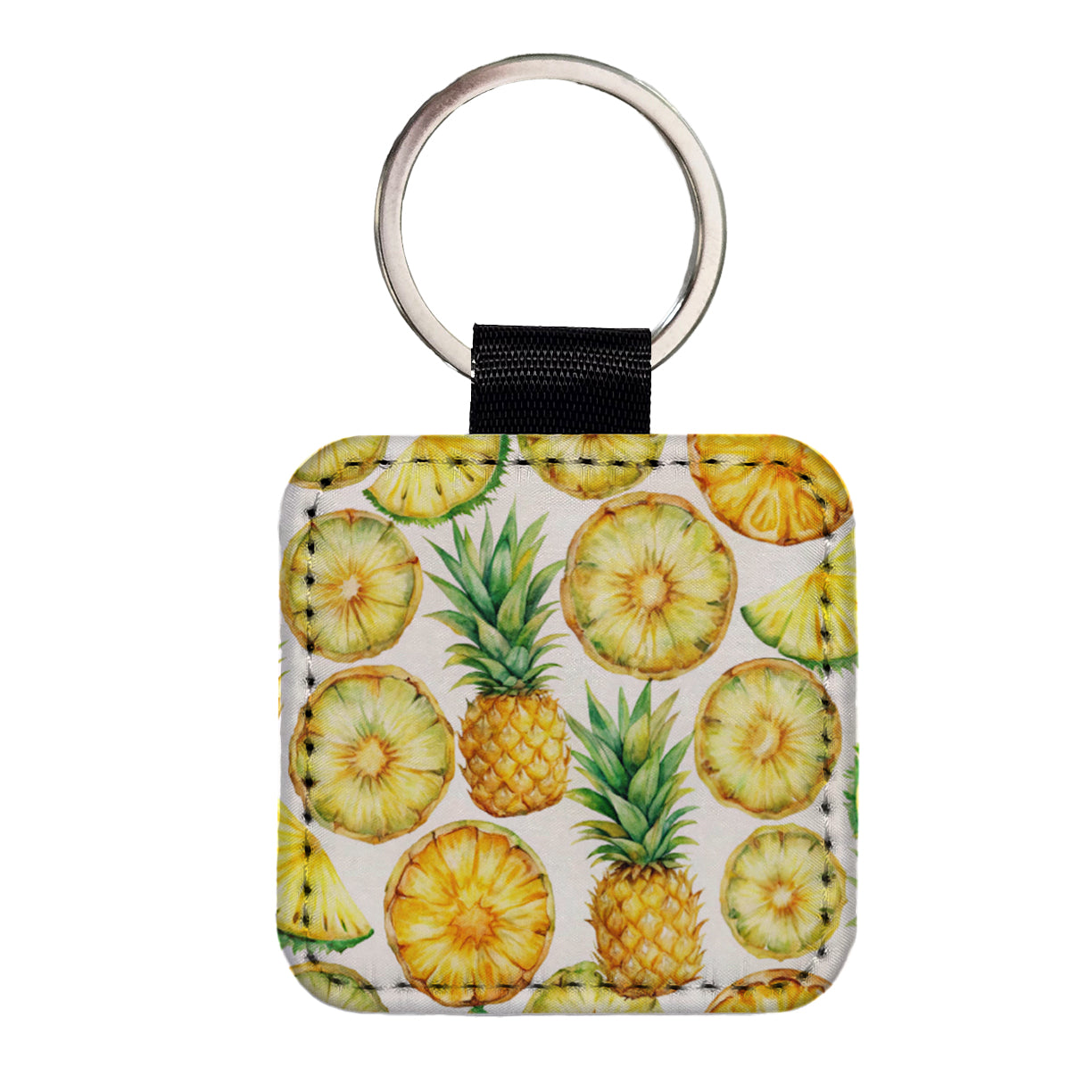 Pineapple Slices Fruit Square Faux Leather Keychain