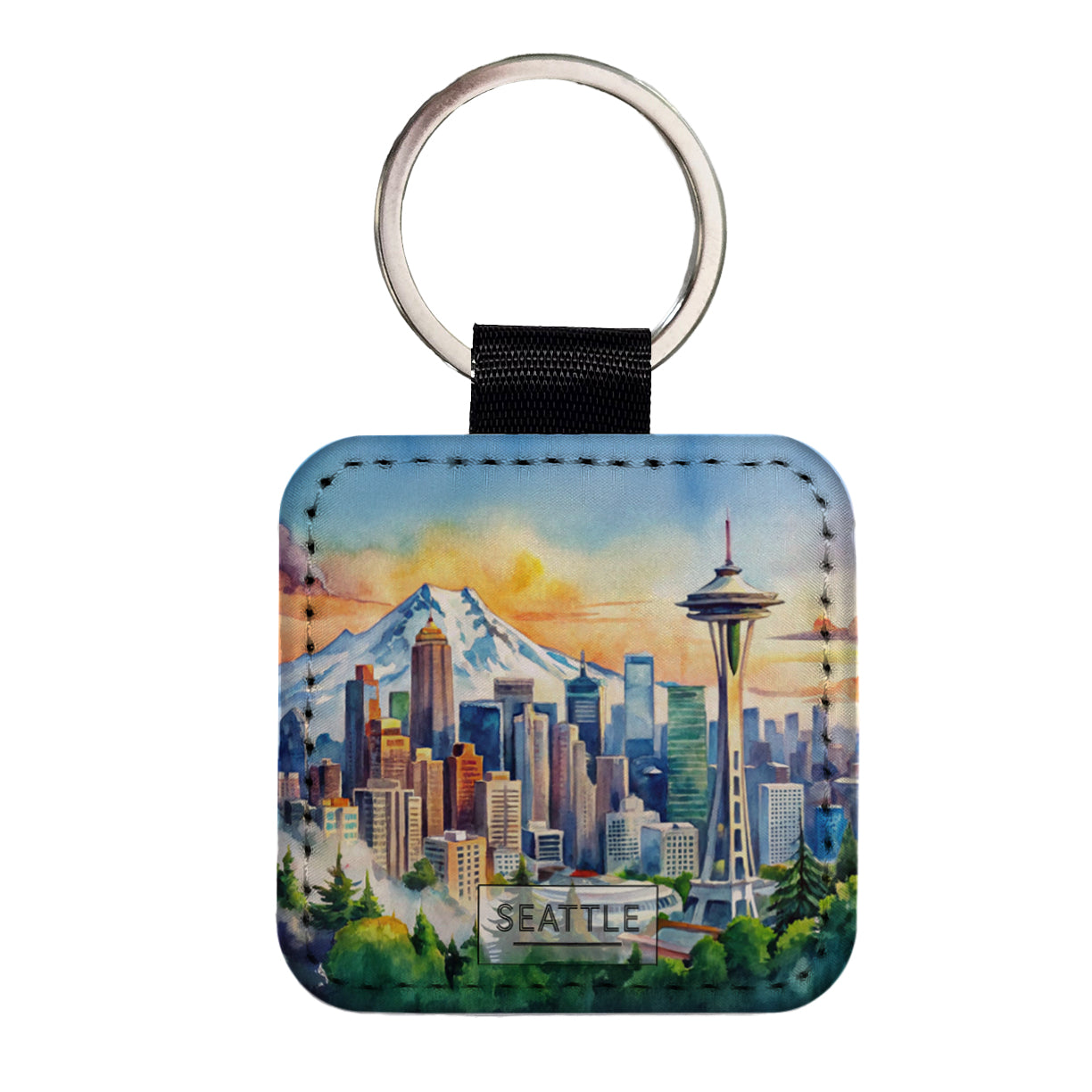 Seattle Washington Space Needle Travel City Watercolor Square Faux Leather Keychain