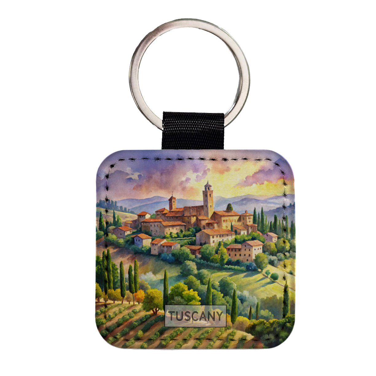 Tuscany Italy Travel City Watercolor Square Faux Leather Keychain