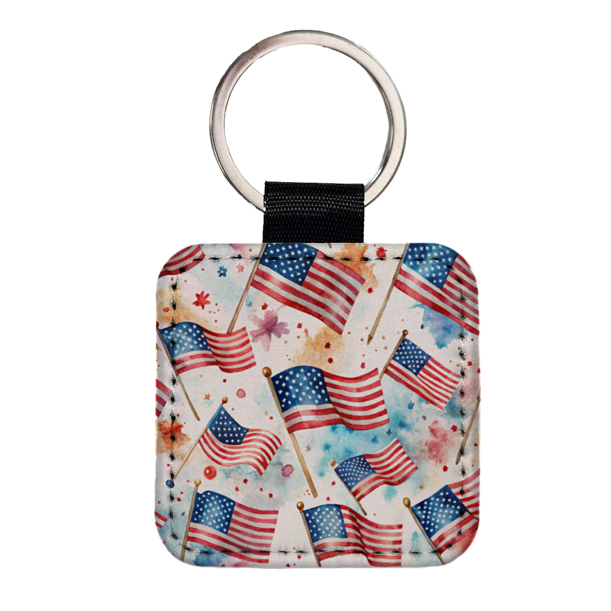 USA American Flags Patriotic Watercolor Square Faux Leather Keychain