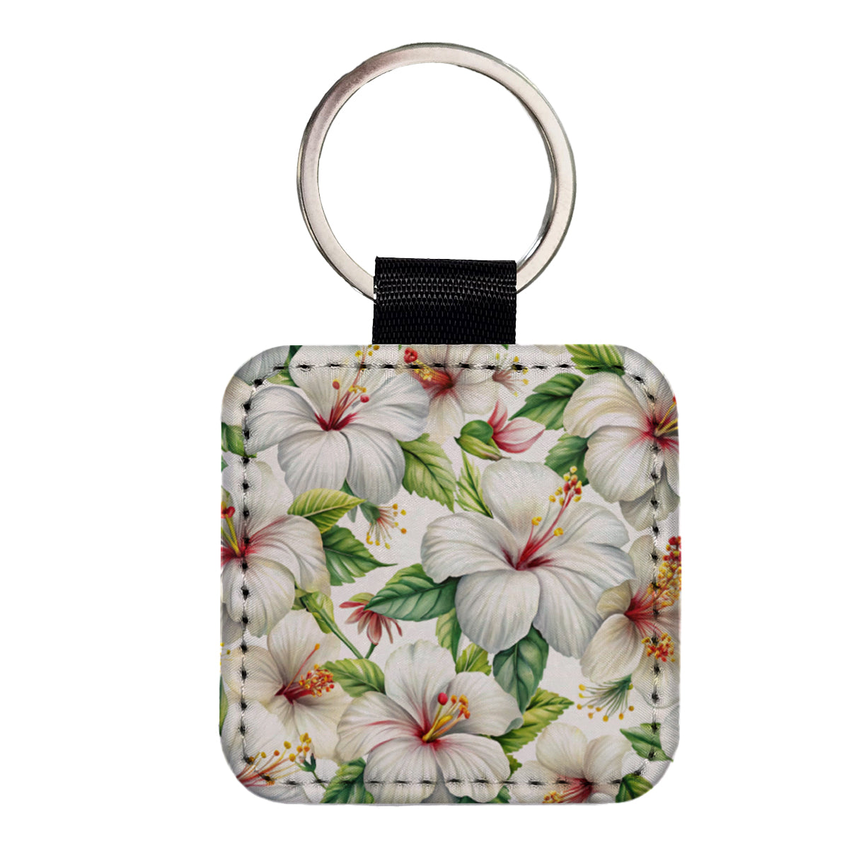 White Hibiscus Flowers Watercolor Square Faux Leather Keychain