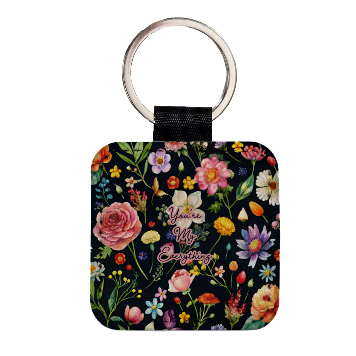 You're My Everything Romantic Love Wedding Anniversary Flowers Black Background Square Faux Leather Keychain