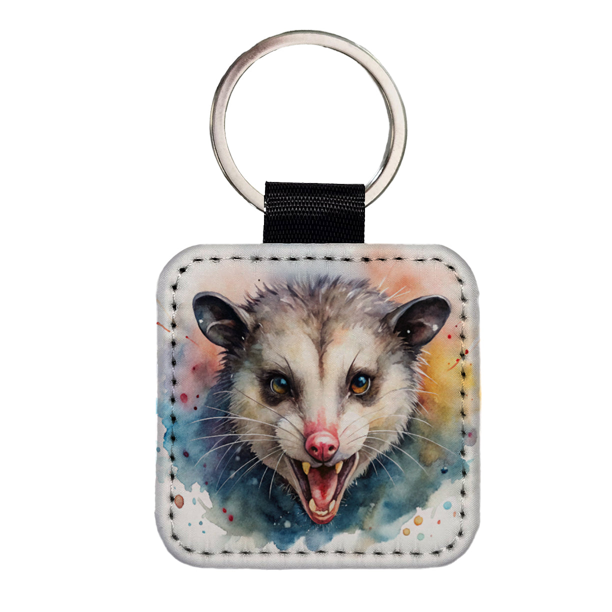 Angry Mad Opossum Watercolor Square Faux Leather Keychain