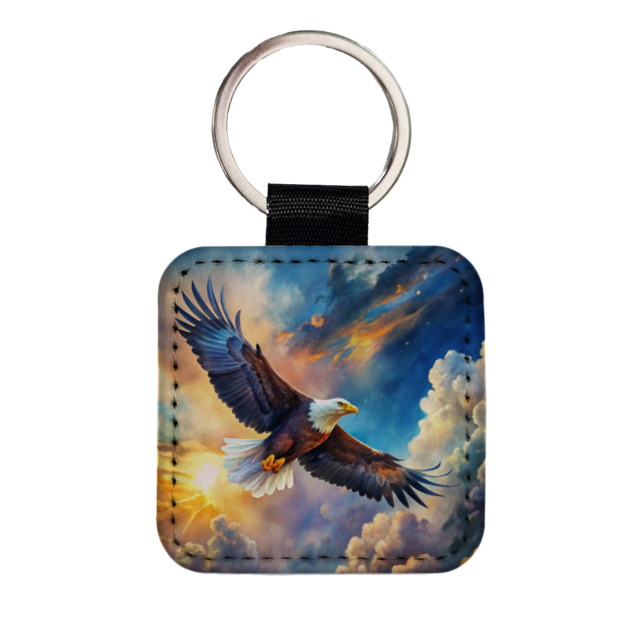 Bald Eagle Flying In Sky Clouds Watercolor Square Faux Leather Keychain