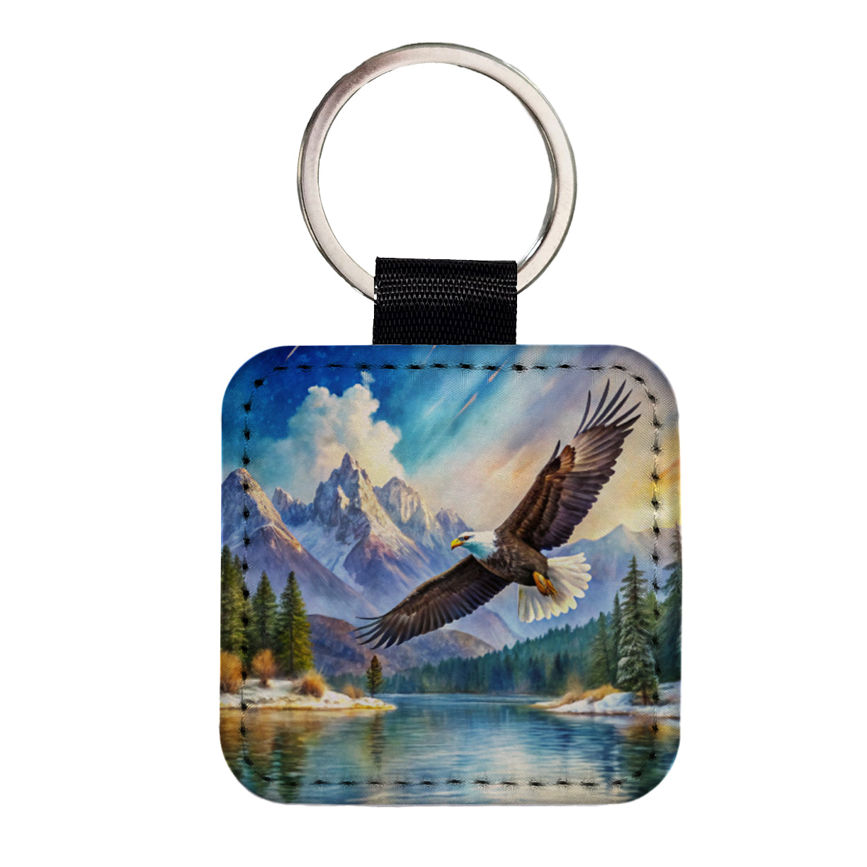 Bald Eagle Flying With Mountains Lake Watercolor Square Faux Leather Keychain