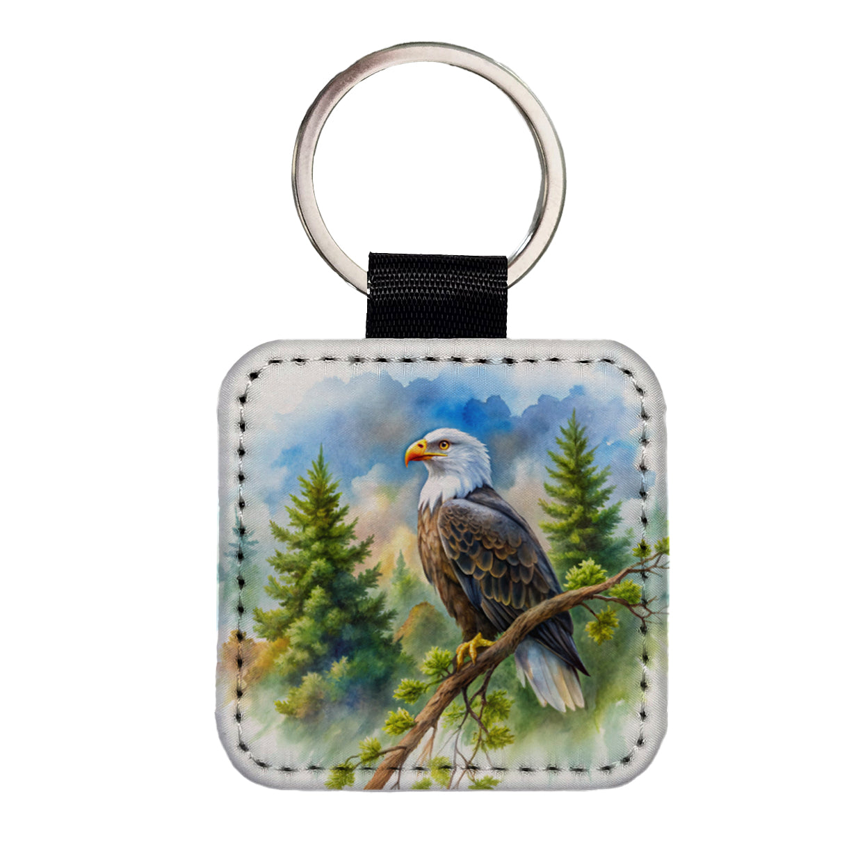 Bald Eagle In Tree Watercolor Square Faux Leather Keychain