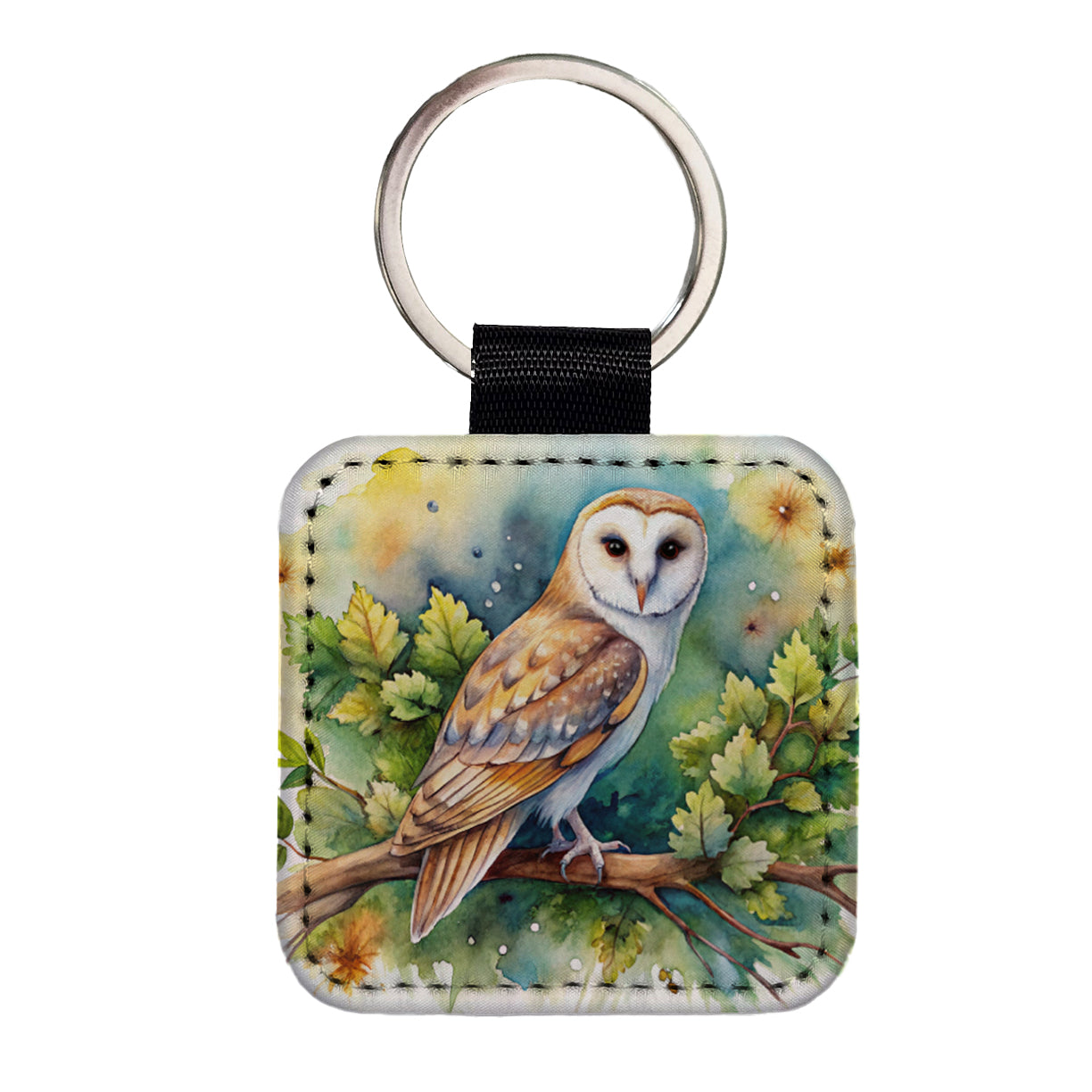 Barn Owl In Tree Watercolor Square Faux Leather Keychain