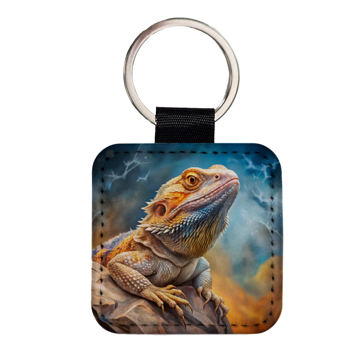 Bearded Dragon Lizard On Rock Stormy Scene Reptile Watercolor Square Faux Leather Keychain