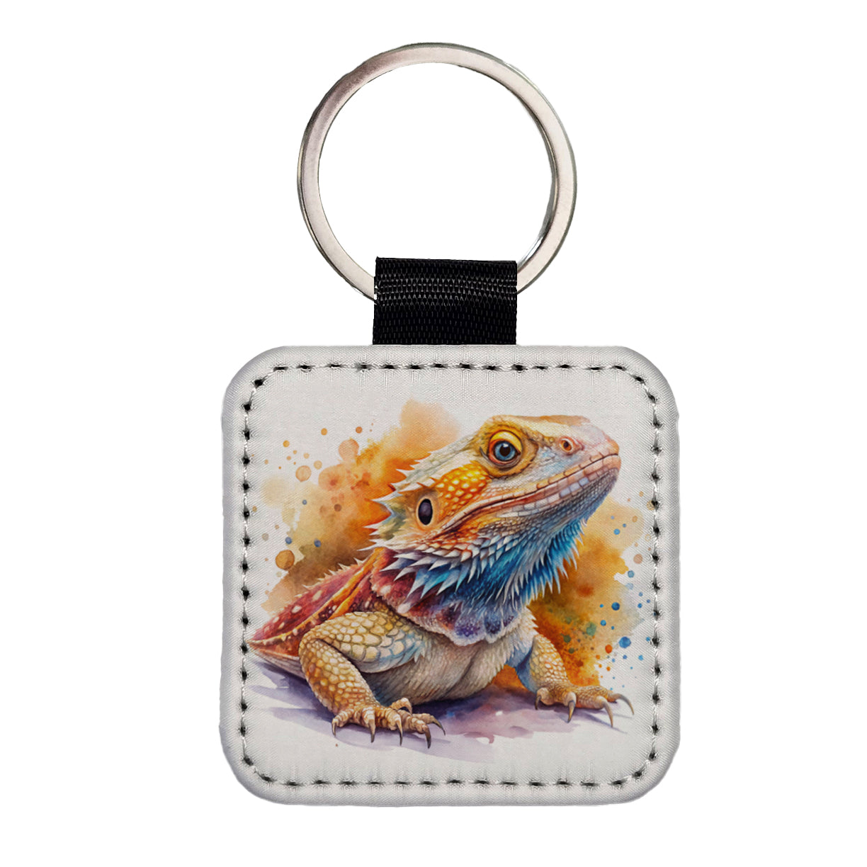 Bearded Dragon Lizard Reptile Watercolor Square Faux Leather Keychain