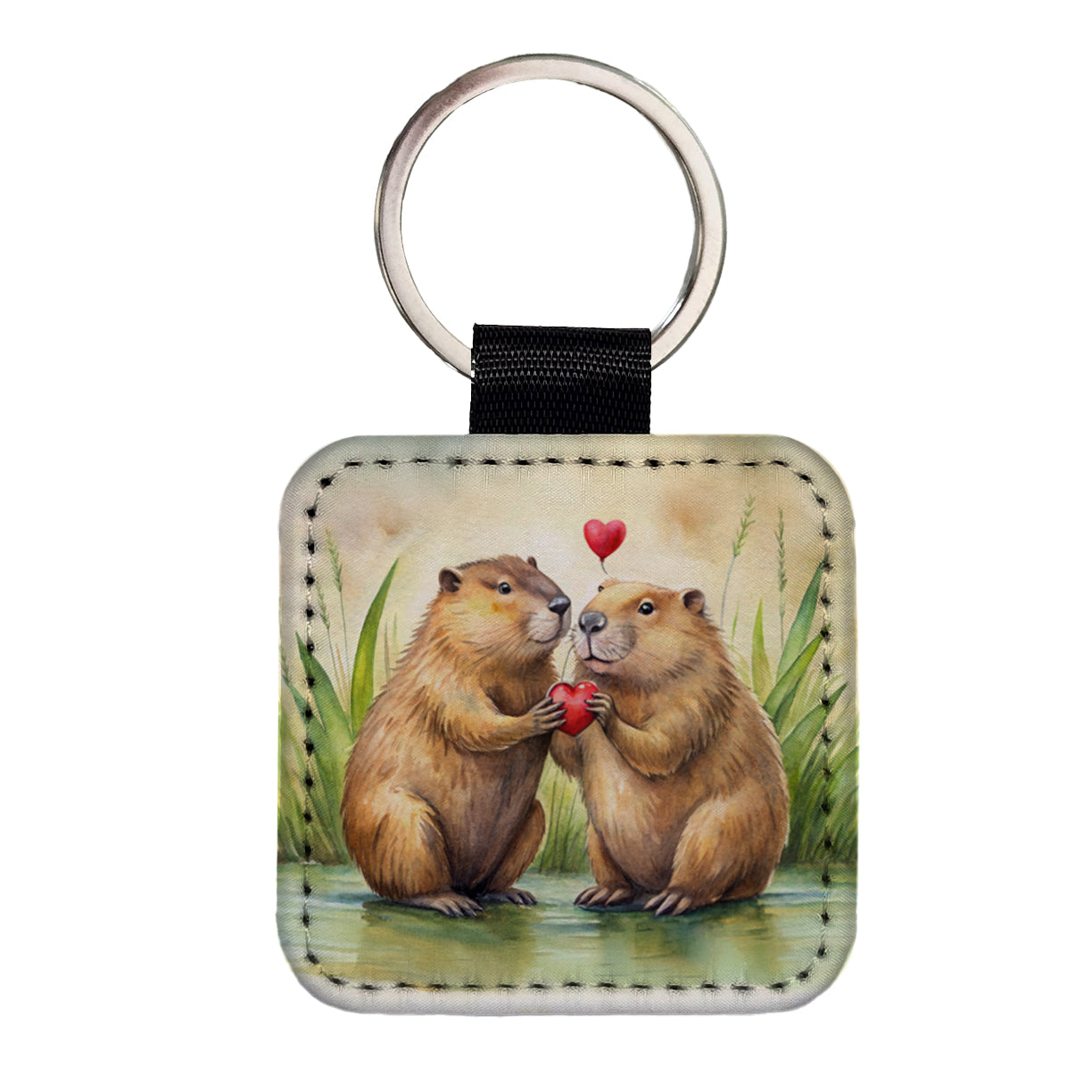 Beavers In Love Water Valentine's Day Square Faux Leather Keychain