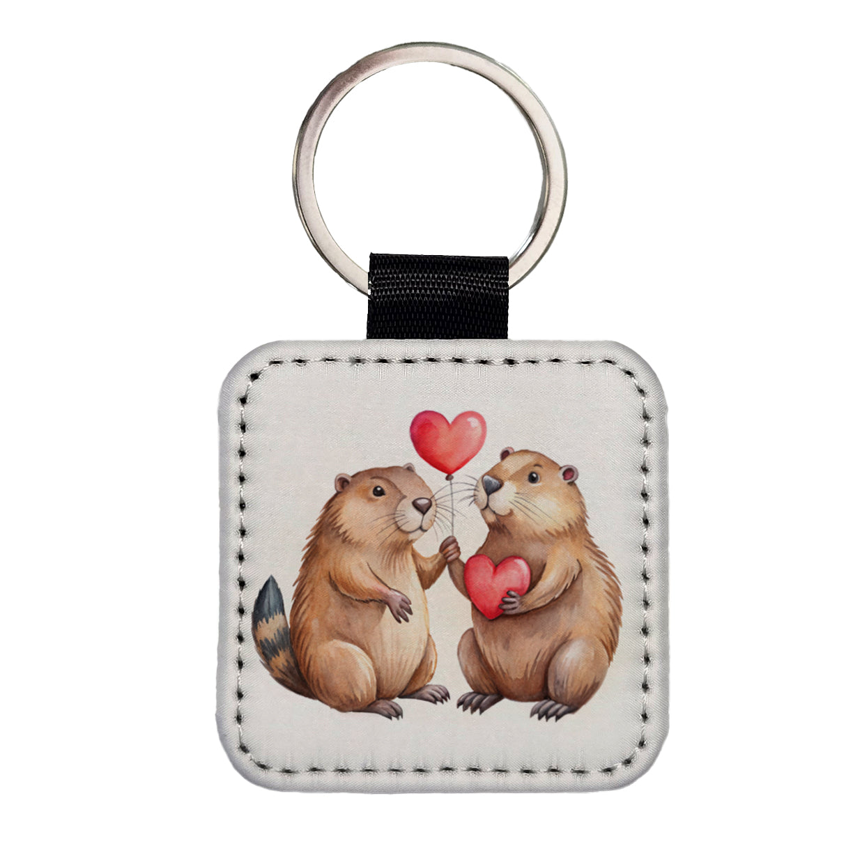 Beavers In Love With Hearts Valentine's Day Square Faux Leather Keychain