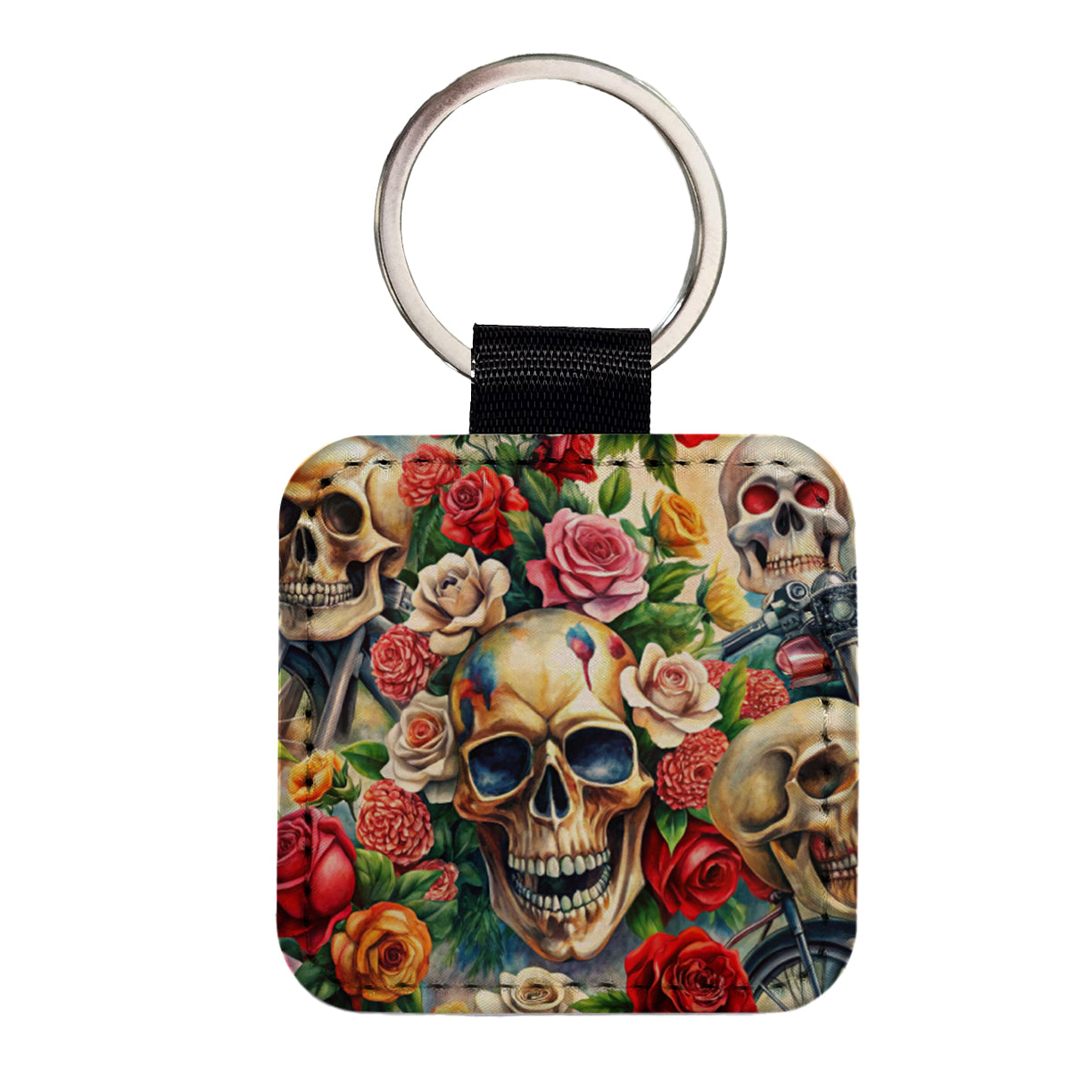 Biker Skulls And Roses Theme Watercolor Square Faux Leather Keychain