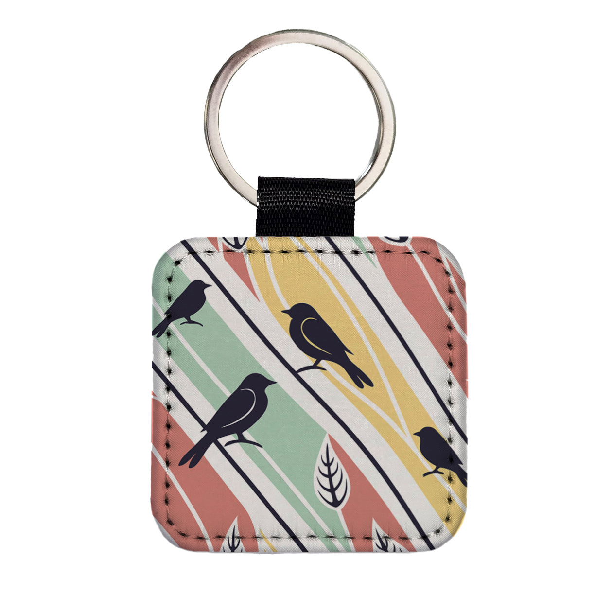 Birds And Trees Abstract Square Faux Leather Keychain